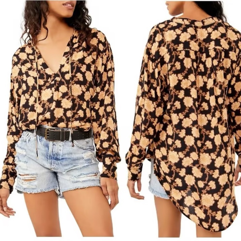Chic Floral Black and Tan Blouse
